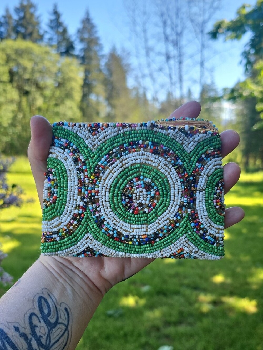 Hand-Beaded Green Multi-Color Wallet